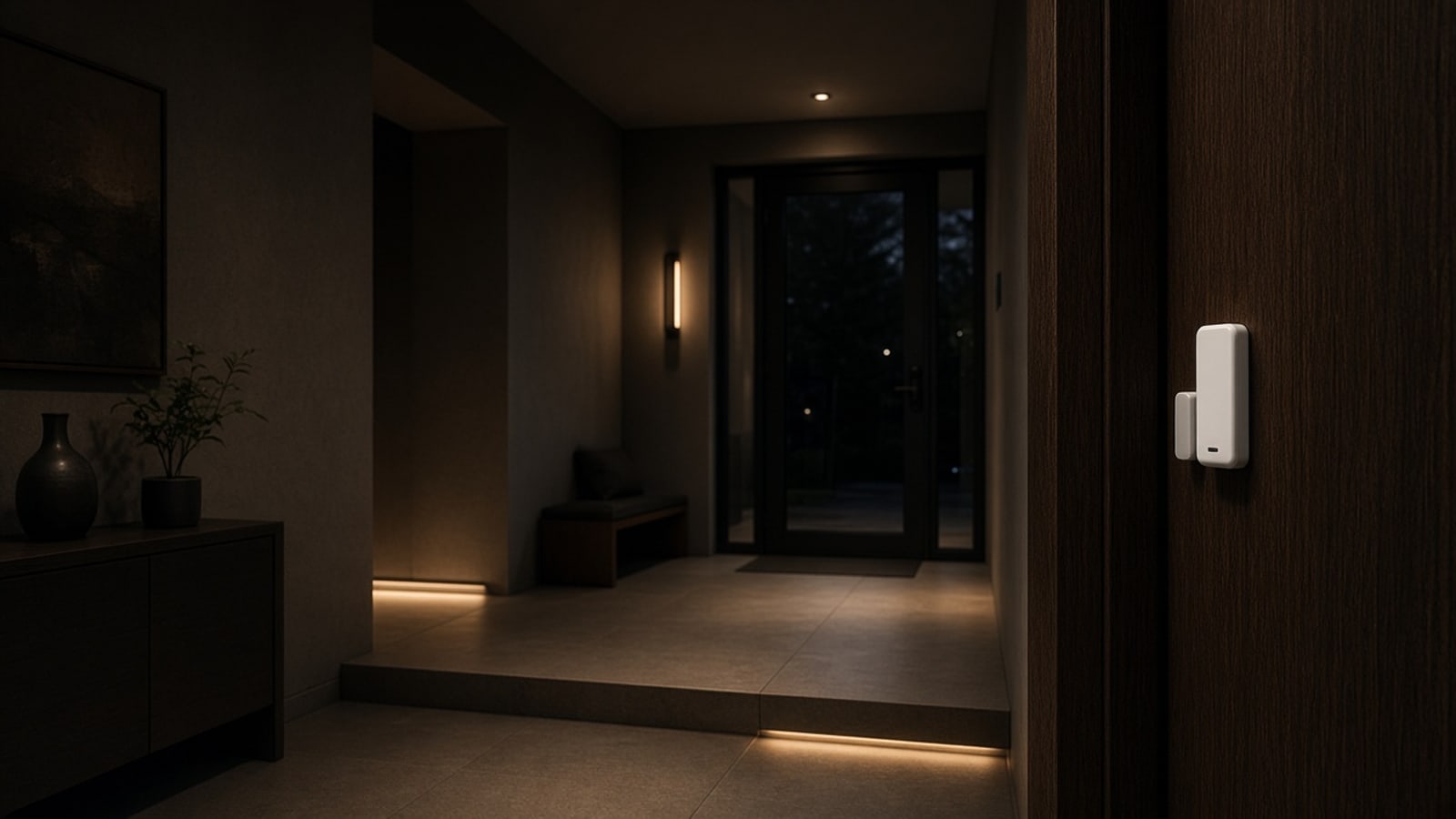 Entrada de un apartamento al anochecer con la puerta principal entreabierta, un sensor discreto en el marco y luces cálidas en el pasillo