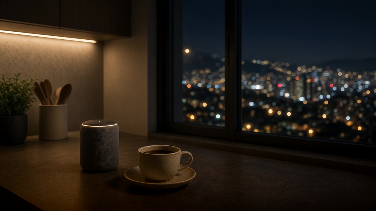 Apartment kitchen at night with a small smart speaker on the counter next to a coffee cup and city lights through the window