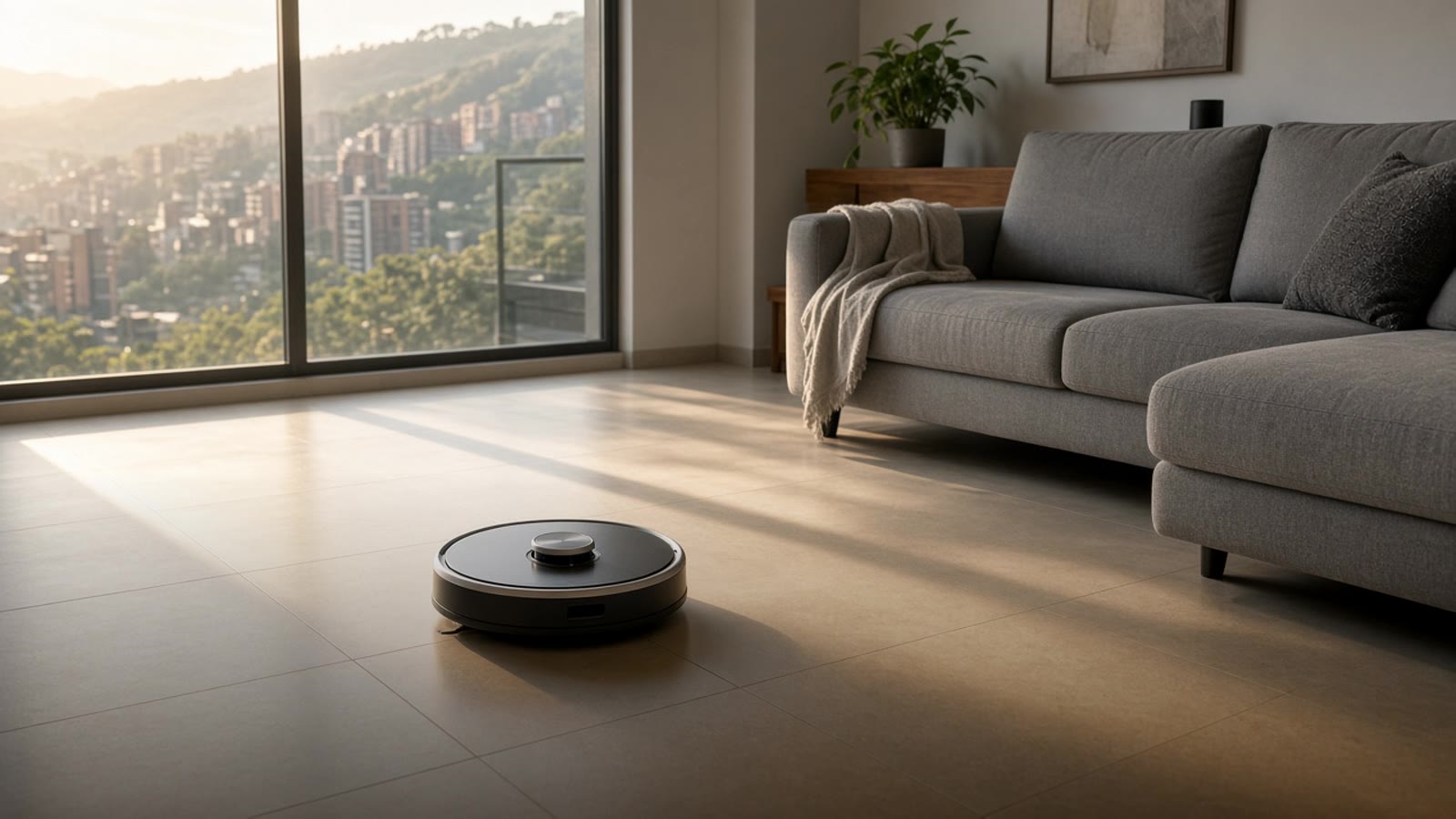 Aspiradora robot redonda pasando sobre un piso de porcelanato claro en una sala con sofá gris y luz de tarde entrando por una ventana grande