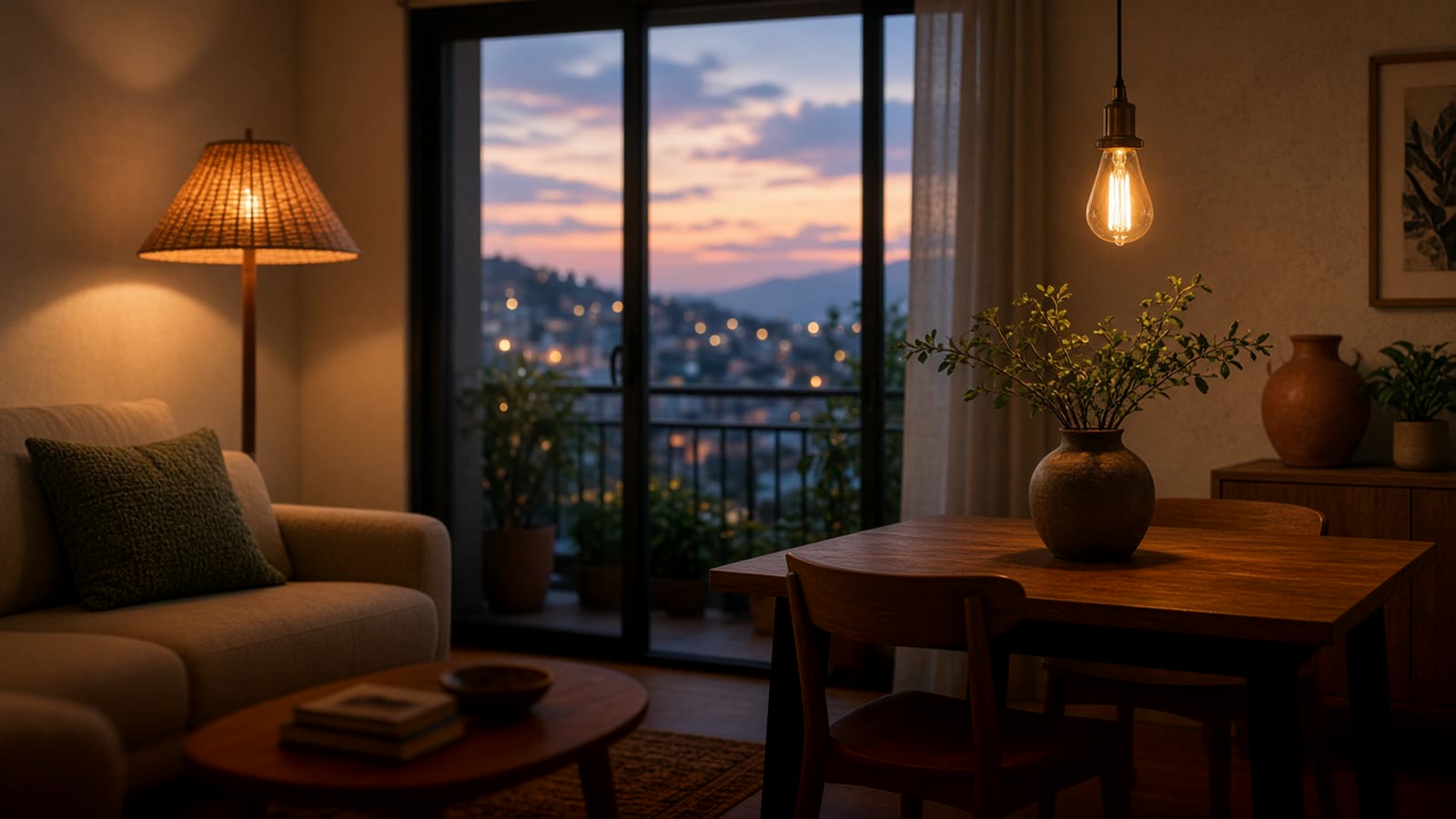 Living room with warm light at dusk, a floor lamp and a pendant bulb lit over the dining table