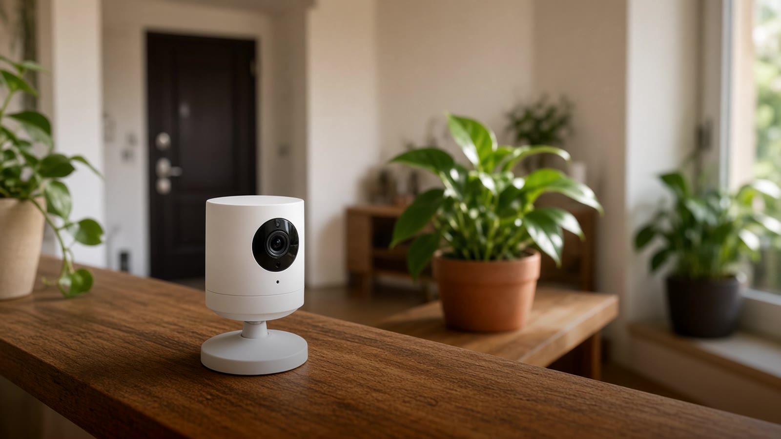Cámara wifi blanca pequeña sobre una repisa de madera en una sala con plantas, con la puerta de entrada del apartamento al fondo y luz de mañana