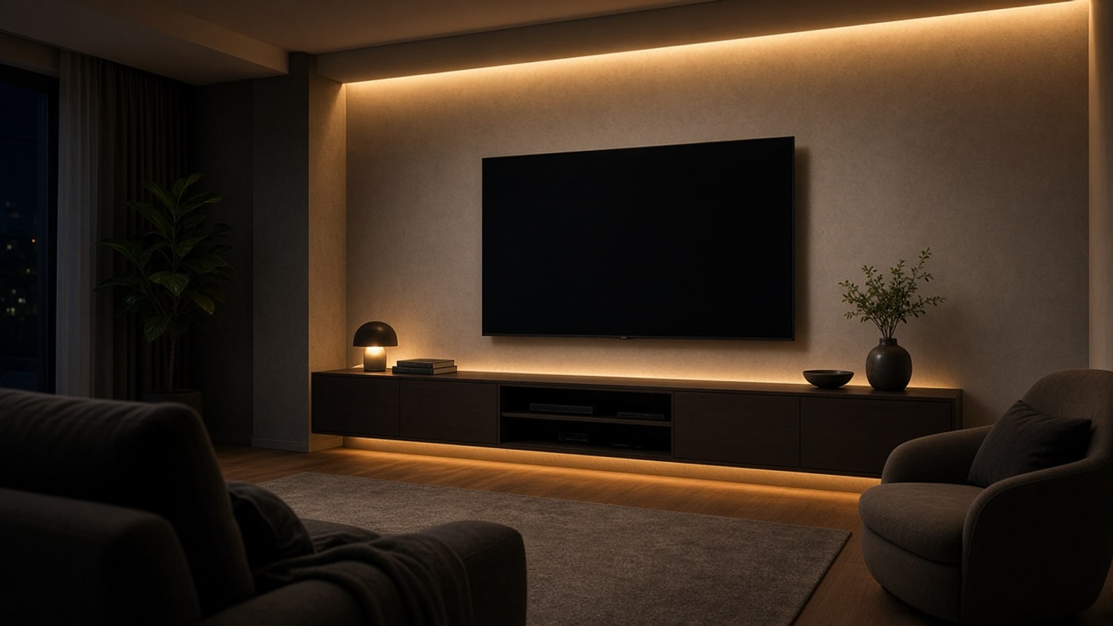 Living room of a Medellín apartment at nightfall with a projector screen, soundbar, and a Mac mini on the console