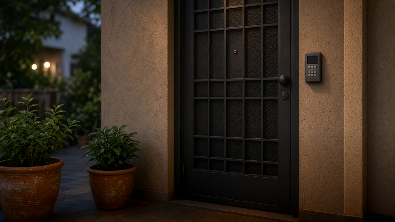 Entrance of a Medellín house at dusk with a metal door, a small numeric keypad beside the frame, and plants in clay pots