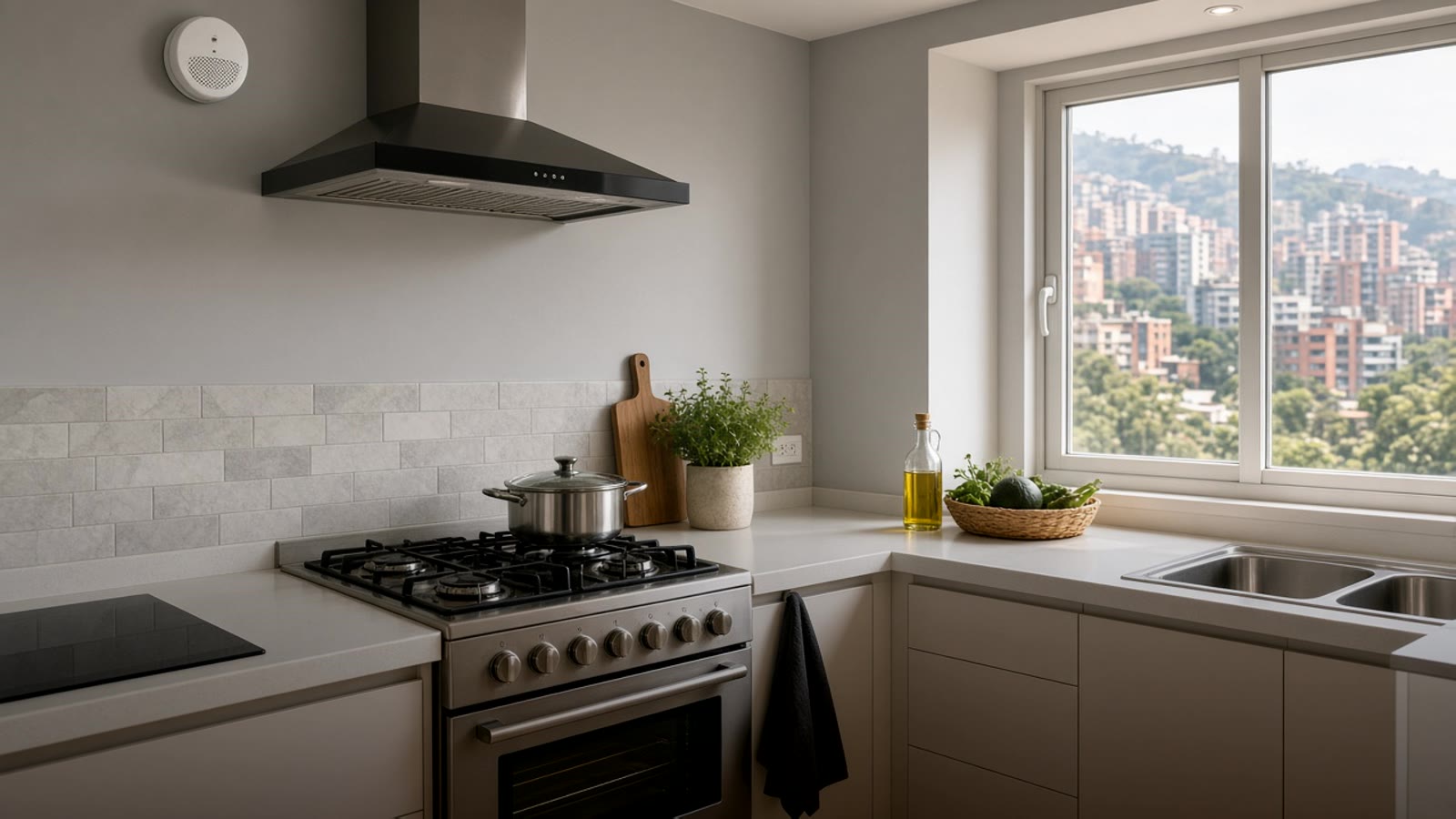 Medellín apartment kitchen with a gas stove, a white gas detector mounted high on the wall near the ceiling, and afternoon light through the window