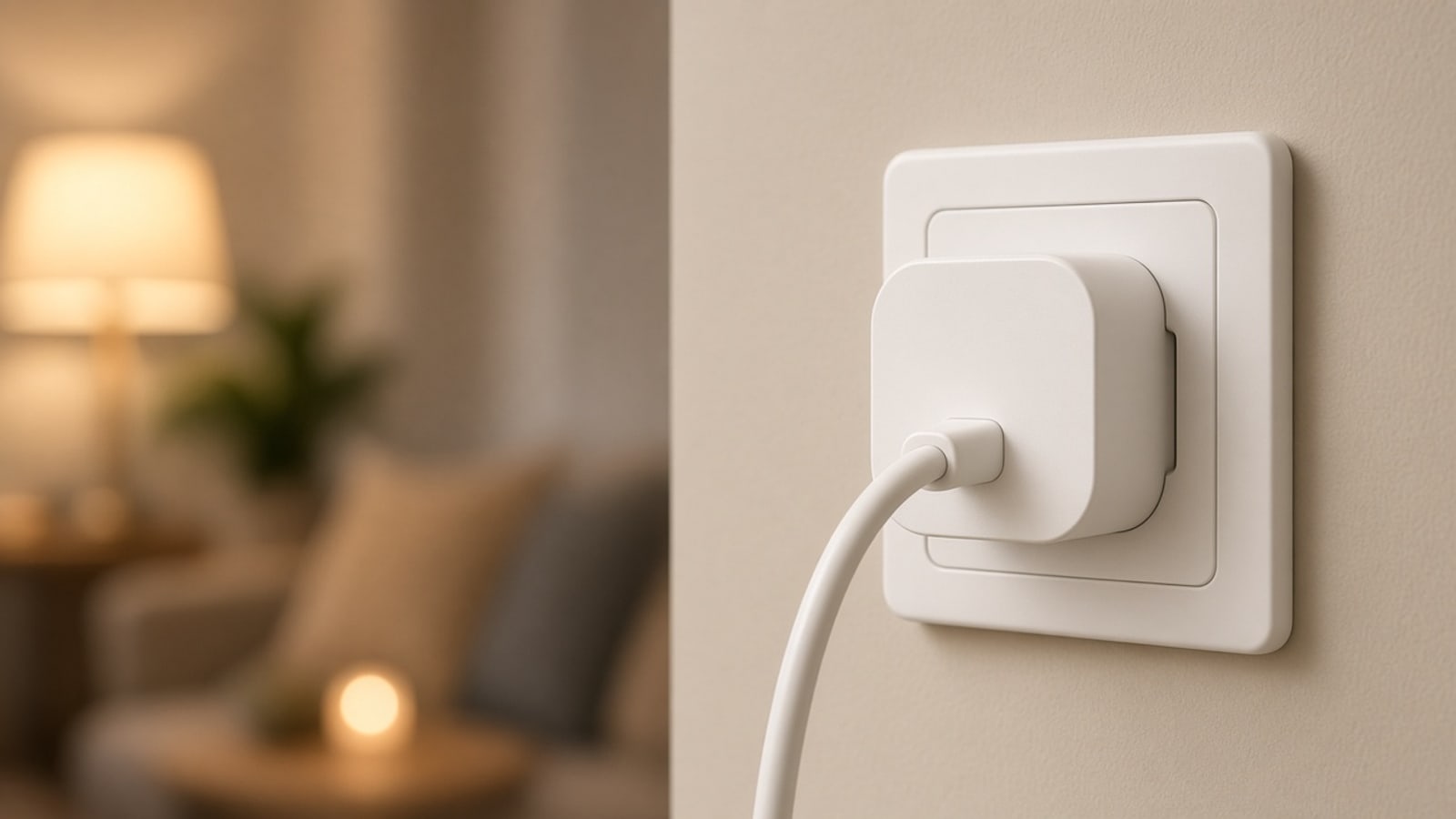 Tomacorriente de pared con un enchufe inteligente blanco y un cable negro conectado, sobre un mueble de madera junto a una lámpara encendida
