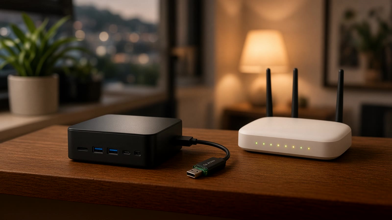 Mini computador pequeño junto a un router en un estante de madera, con un dongle USB conectado por un cable corto y una lámpara encendida al fondo