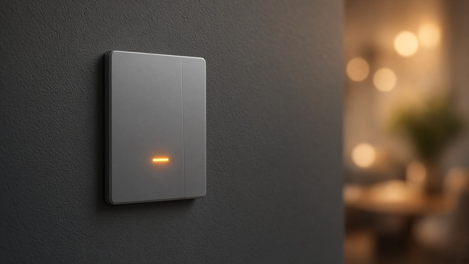 Pasillo de un apartamento en Medellín al anochecer con un interruptor inteligente blanco en la pared y luces de la ciudad por la ventana