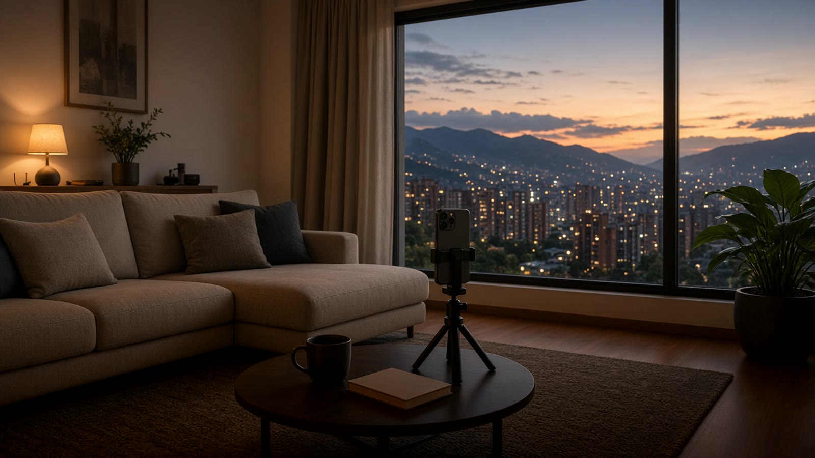 Sala de una casa en la tarde con un teléfono sobre un trípode pequeño en el centro, apuntando hacia una ventana y un sofá
