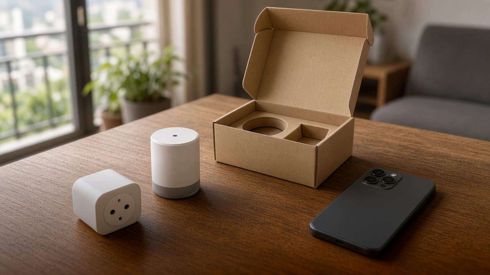 Wooden table in a Medellín apartment with a smart plug, a small sensor, and an open device box beside a phone, in morning natural light