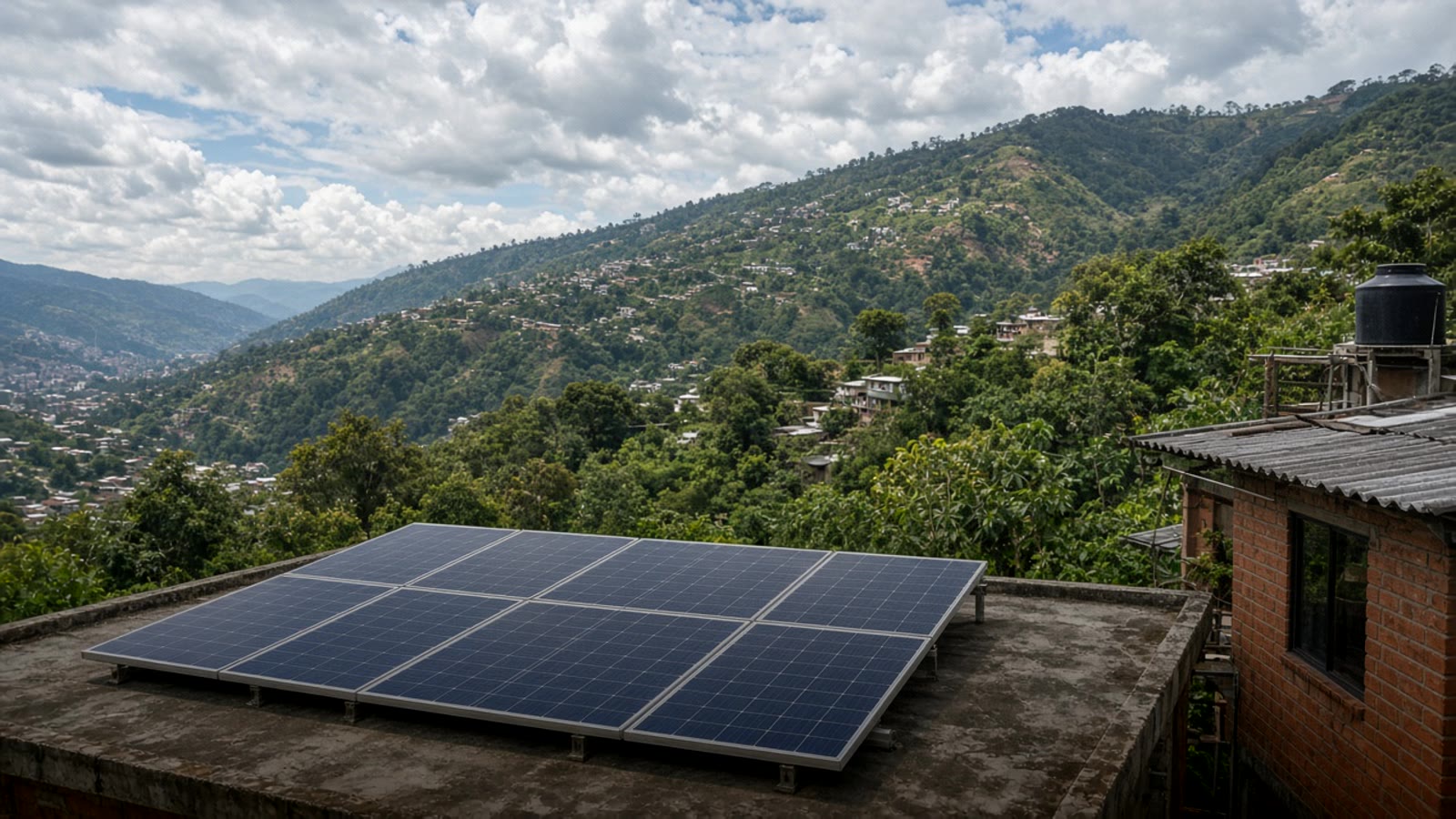 Techo de una casa en las lomas de Medellín con paneles solares bajo un cielo parcialmente nublado y montañas verdes al fondo