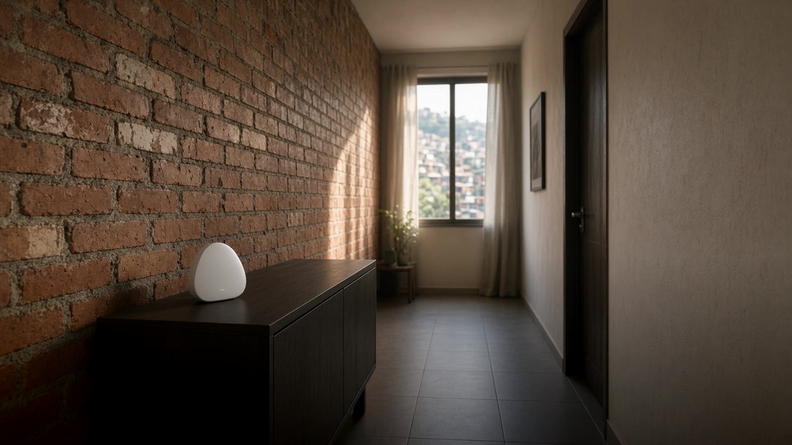 Pasillo de un apartamento con paredes de ladrillo a la vista y un pequeño equipo wifi blanco sobre un mueble bajo, con luz de tarde entrando desde una ventana al fondo