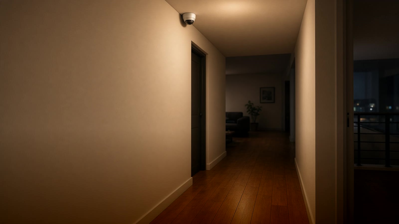 Pasillo de un apartamento de noche con un pequeño sensor blanco en la esquina del techo y una luz cálida que se enciende sobre el piso de madera