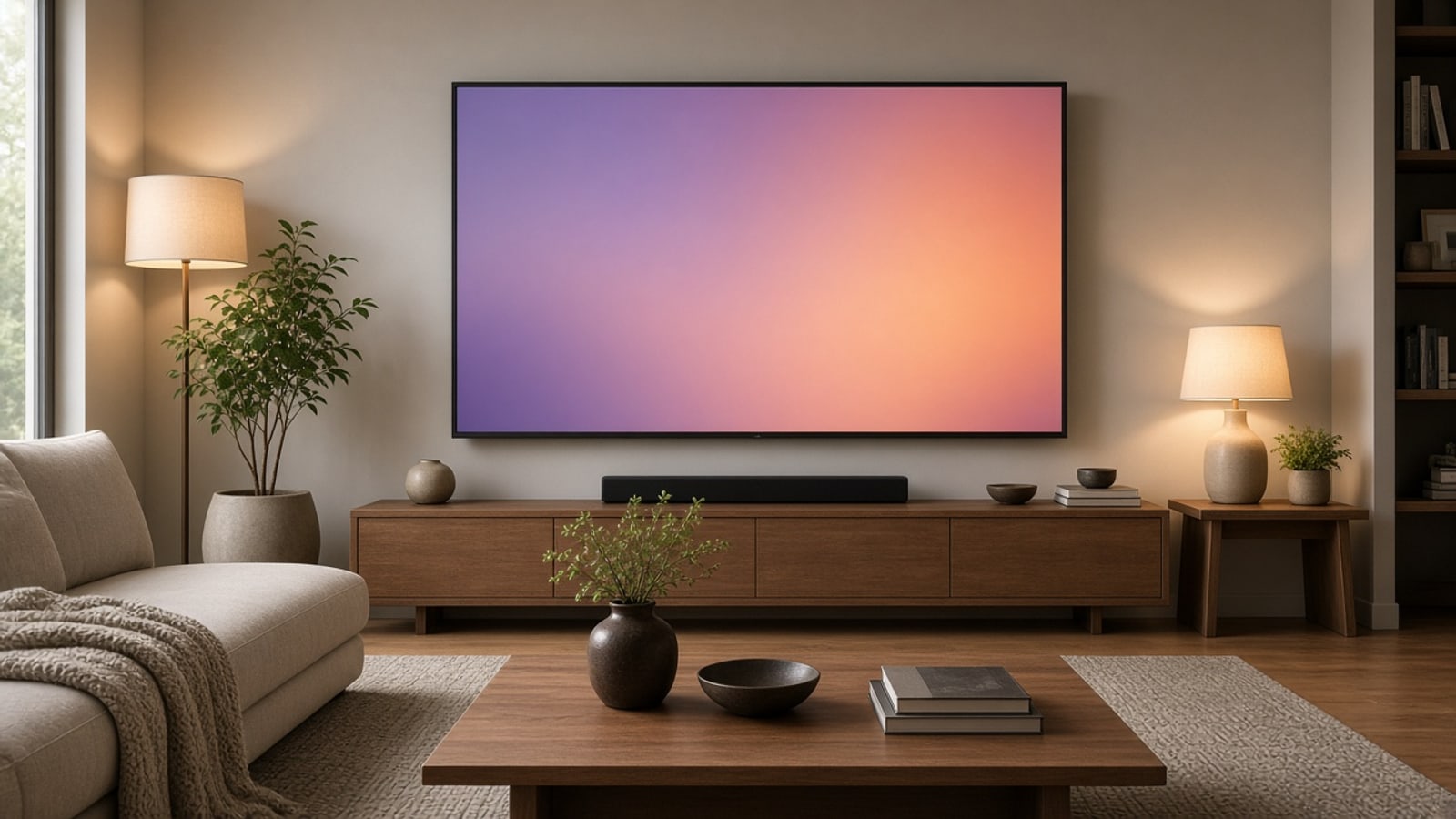 Sala moderna de noche con un televisor en la pared que muestra una pantalla de inicio simple con pocos íconos, un mueble de madera con un computador pequeño y un ventanal con las luces de la ciudad