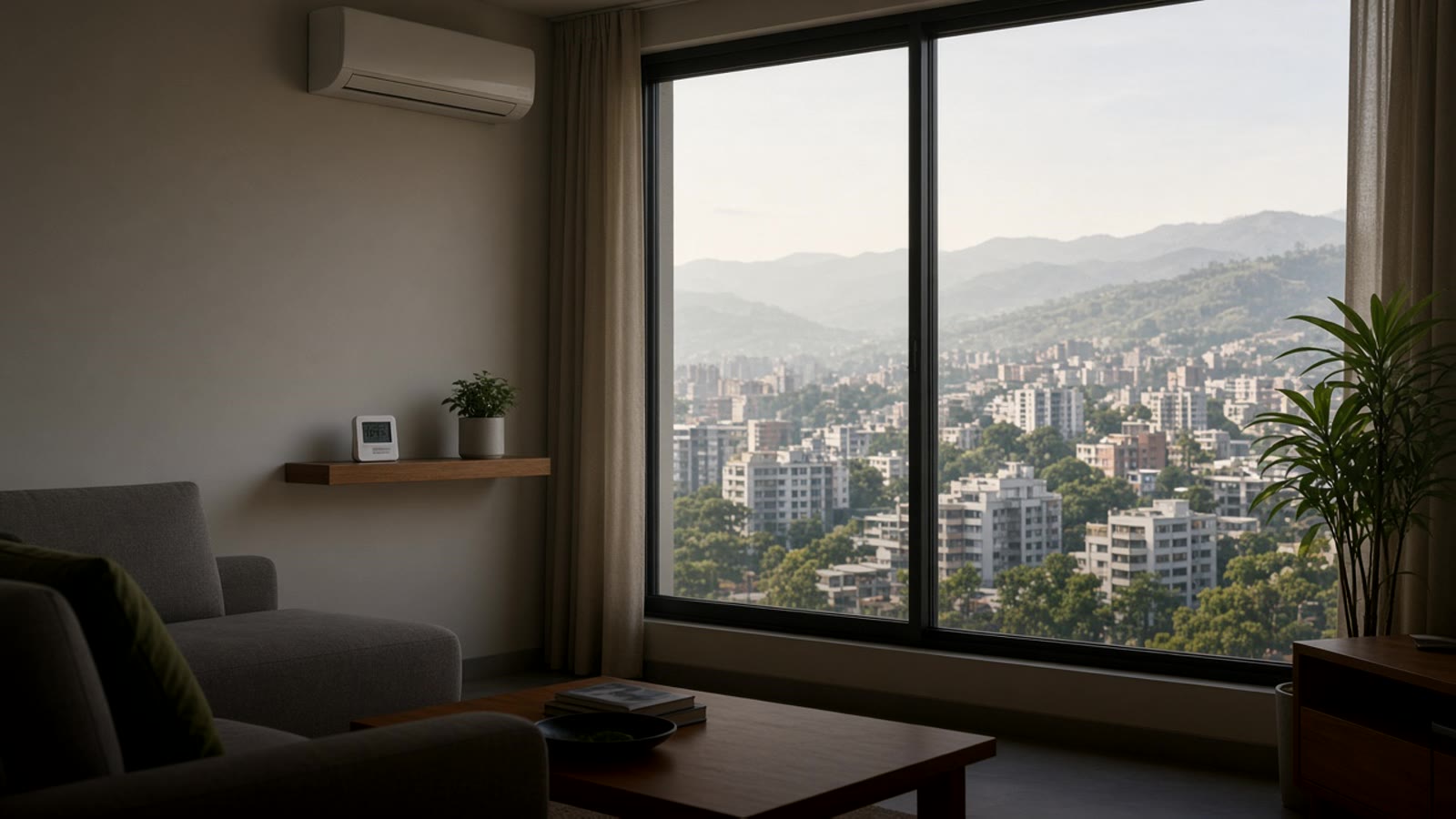 Sala de un apartamento con ventanal y montañas al fondo, un minisplit blanco en la pared y un pequeño sensor de temperatura sobre una repisa de madera