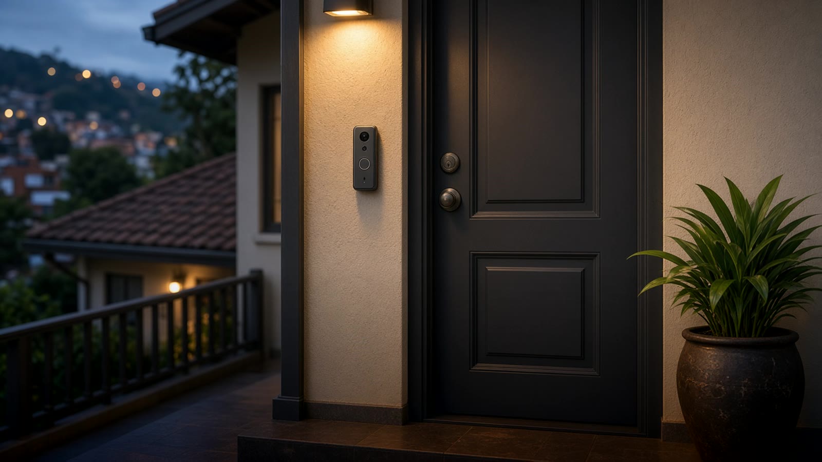 Puerta de entrada de una casa al atardecer con un timbre con cámara junto al marco y una planta en matera al lado