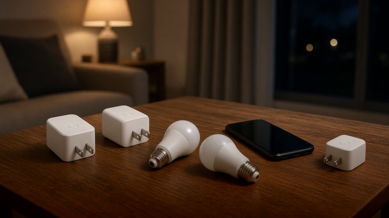 Wooden table in a living room with several generic unlabeled smart plugs and bulbs, a phone face up, and a lamp on in the background with warm night light